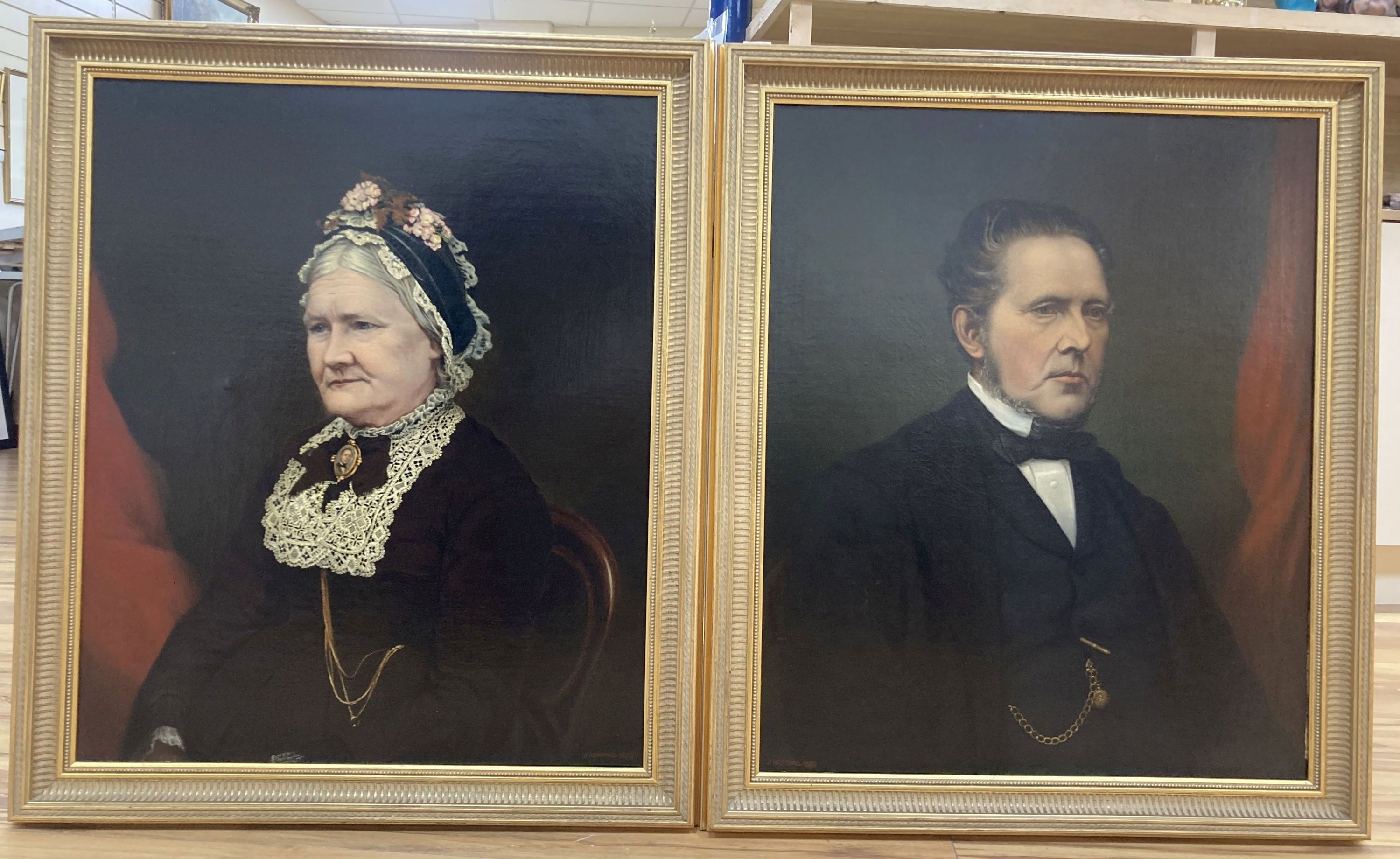 English School c1900, pair of oils on canvas, Portraits of a husband and wife, 75 x 62cm